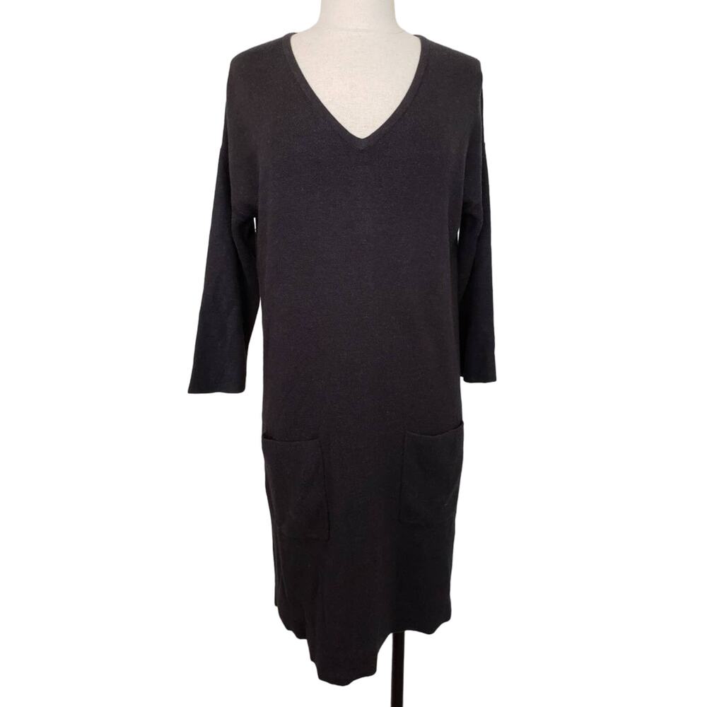 LILLA P Dress Sweater Womens Medium Black Modal Cotton Blend Front Pockets New